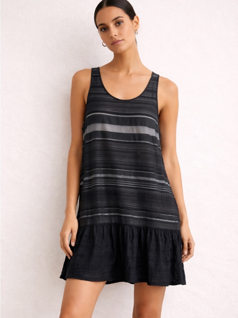 Theory Frencilla Rhapsody Drop Waist Dress Black Stripe Mesh Ruffle Hem Small